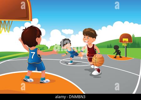 Una illustrazione vettoriale di ragazzi che giocano a basket in un parco giochi Illustrazione Vettoriale