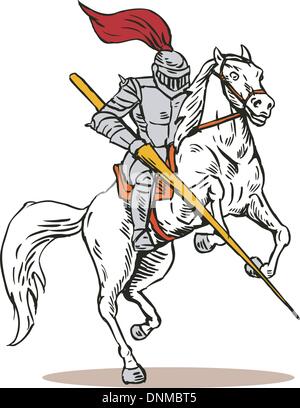 Illustrazione del cavaliere in armatura completa su un cavallo brandendo una spada fatto in stile retrò. Illustrazione Vettoriale