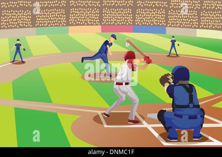 Una illustrazione vettoriale di giocatori di baseball giocando in un gioco di baseball Illustrazione Vettoriale