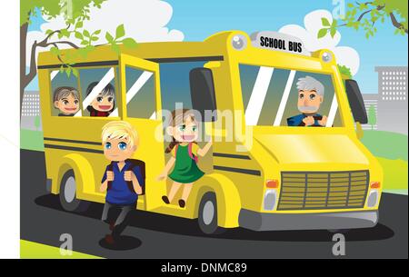 Una illustrazione vettoriale di ragazzi in età scolare scendere dal bus di scuola Illustrazione Vettoriale