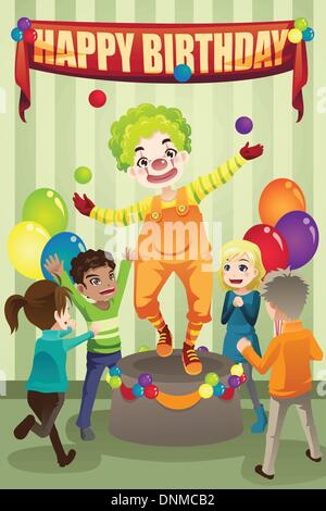 Una illustrazione vettoriale di una festa di compleanno con un clown Illustrazione Vettoriale
