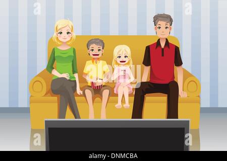 Una illustrazione vettoriale di una famiglia guardare film/TV a casa Illustrazione Vettoriale