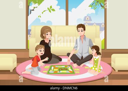 Una illustrazione vettoriale di una famiglia felice la riproduzione di un gioco da tavolo a casa Illustrazione Vettoriale