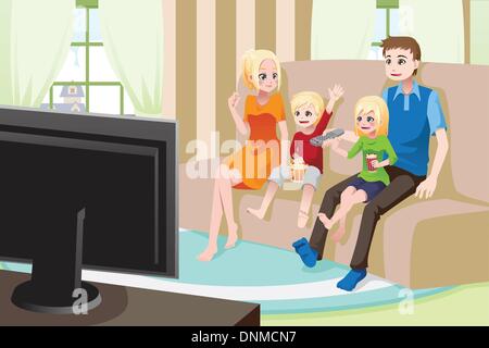 Una illustrazione vettoriale di una famiglia guardare film/TV a casa Illustrazione Vettoriale