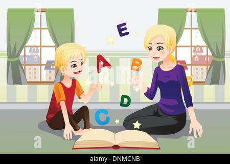 Una illustrazione vettoriale di una madre insegnando il suo bambino sulle lettere dell'alfabeto Illustrazione Vettoriale