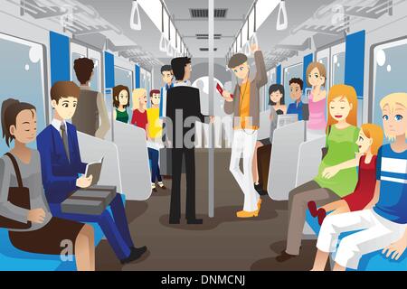 Una illustrazione vettoriale delle persone all'interno di un treno della metropolitana Illustrazione Vettoriale