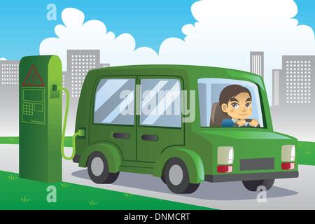 Una illustrazione vettoriale di un auto elettrica di ricarica in una stazione di ricarica in città Illustrazione Vettoriale