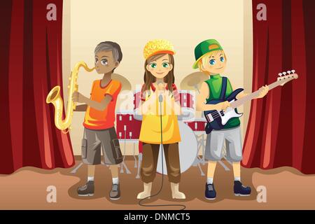 Una illustrazione vettoriale di bambini piccoli di riproduzione di musica in una band musicale Illustrazione Vettoriale