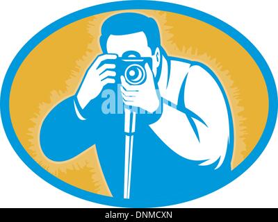 Illustrazione di un fotografo con fotocamera reflex digitale frontale di ripresa Illustrazione Vettoriale