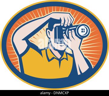 Illustrazione di un fotografo con una reflex digitale fotocamera digitale insieme all interno di uno ovale con sunburst Illustrazione Vettoriale