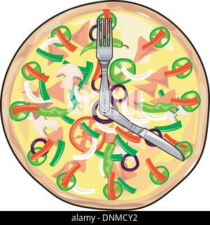 Illustrazione di una pizza orologio con coltello e forchetta come minuti e lancetta delle ore in stile retrò. Illustrazione Vettoriale