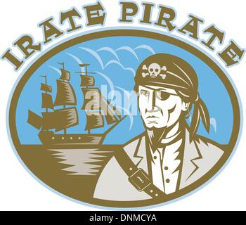 Illustrazione di un Pirata con la vela tall ship in fatto di sfondo in xilografia stile con formulazione "arrabbiati pirate' Illustrazione Vettoriale