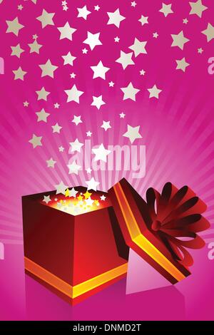 Scatola regalo aperta con arco rosso e luci Immagine e Vettoriale - Alamy