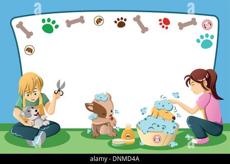 Una illustrazione vettoriale di animali domestici toelettatura annuncio con copyspace Illustrazione Vettoriale
