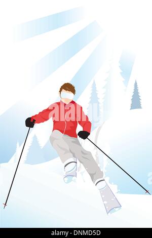 Illustrazione Vettoriale di uno sciatore sci in montagna Illustrazione Vettoriale