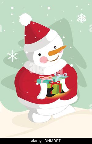 Una illustrazione vettoriale di un pupazzo di neve indossando santa hat portando regali di Natale per esterno Illustrazione Vettoriale