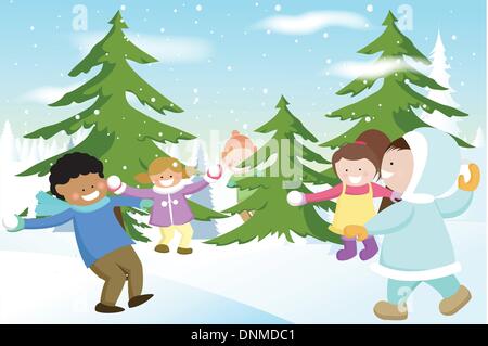 Una illustrazione vettoriale di un gruppo di bambini che giocano snowballs Illustrazione Vettoriale
