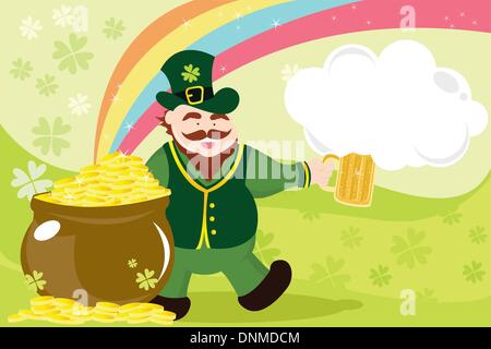 Una illustrazione vettoriale di un leprechaun con boccale di birra e la pentola d'oro festeggia San Patrizio giorno Illustrazione Vettoriale