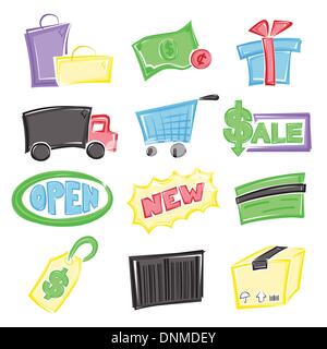 Una illustrazione vettoriale di diverse icone per il tema dello shopping Illustrazione Vettoriale