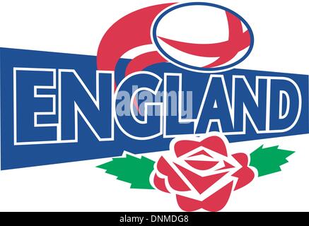 Illustrazione di un pallone da rugby battenti con inglese red rose e parole Inghilterra Illustrazione Vettoriale