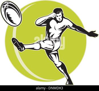 Illustratoion di un giocatore di rugby calci palla retrò xilografia stile. Illustrazione Vettoriale