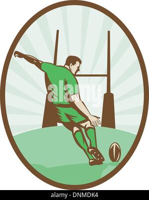 Illustrazione di un giocatore di rugby calci palla al traguardo post visto dalla parte posteriore impostato all'interno di un ellisse fatto in stile retrò. Illustrazione Vettoriale