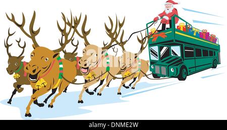 In stile retrò illustrazione di Babbo Natale san nicola babbo natale pilotando il bus con le renne isolato su sfondo bianco. Illustrazione Vettoriale