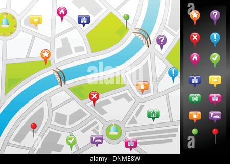 Una illustrazione vettoriale di un GPS mappa stradale con icone utilizzabili Illustrazione Vettoriale