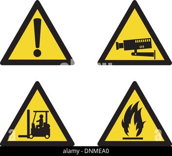 Illustrazione del posto di lavoro che mostra segni di avvertenza, attenzione, una telecamera di sicurezza, il funzionamento del carrello elevatore a forche e infiammabili isolati su sfondo bianco Illustrazione Vettoriale