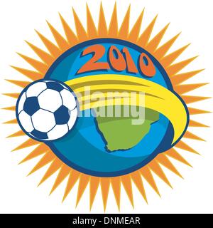 Illustrazione di un icona per il 2010 Coppa del Mondo di calcio con sfera fying oltre il globo con cartina del sud africa Illustrazione Vettoriale