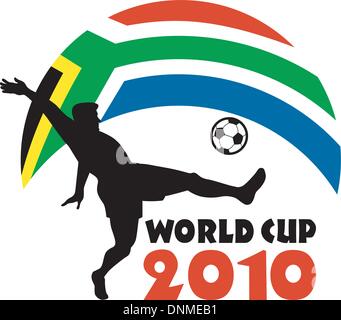 Illustrazione di un icona per il 2010 Coppa del mondo con il giocatore calciare la palla con bandiera della Repubblica del Sud africa Illustrazione Vettoriale
