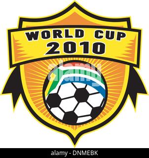 Illustrazione di un icona per il 2010 Coppa del Mondo di calcio con la sfera con la bandiera della Repubblica del Sud Africa all'interno di una protezione Illustrazione Vettoriale
