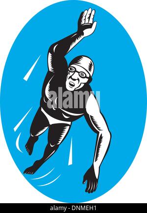 Illustrazione di un nuotatore nuoto fatto in stile retrò. Illustrazione Vettoriale