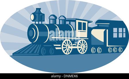 Illustrazione di un treno a vapore o locomotore vista laterale impostato all interno di uno ovale Illustrazione Vettoriale