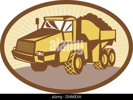 Illustrazione di un cassone ribaltabile di data mining autocarro autocarro con cassone ribaltabile o camion insieme all'interno di un fatto ovall rétro xilografia stile. Illustrazione Vettoriale