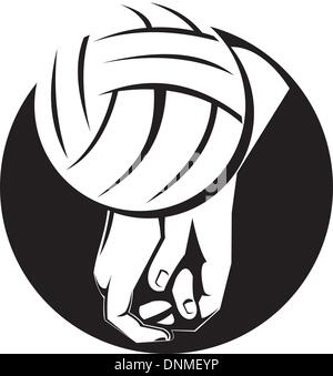 Illustrazione di un giocatore di volleyball della mano di colpire la sfera in stile retrò. Illustrazione Vettoriale