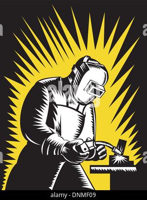 Illustrazione di un saldatore di metallo di saldatura dei lavoratori con la torcia di saldatura e la visiera fatto rétro xilografia stile. Illustrazione Vettoriale