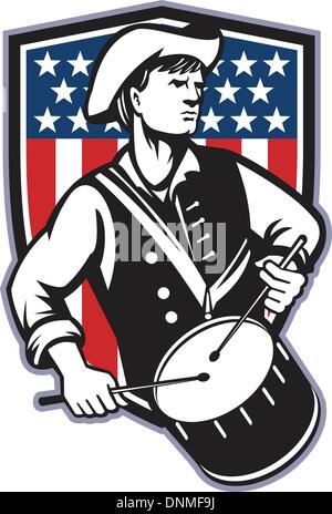 Illustrazione di un american patriot minuteman soldato rivoluzionario batterista con tamburi e a stelle e strisce flag impostato all'interno della protezione fatto in stile retrò. Illustrazione Vettoriale