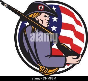 Illustrazione di un american patriot minuteman soldato rivoluzionario con moschetto fucile e a stelle e strisce flag impostato all'interno del cerchio fatto in stile retrò. Illustrazione Vettoriale