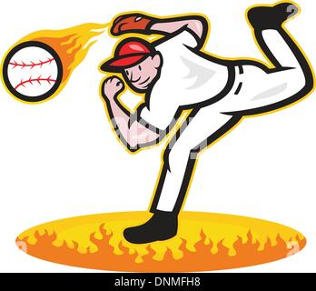 Illustrazione di un american giocatore di baseball pitcher outfielder gettando la sfera sul fuoco isolati su sfondo bianco. Illustrazione Vettoriale