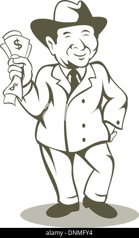 Illustrazione di un uomo nel business suit e hat holding mazzette di dollari denaro isolato su sfondo bianco Illustrazione Vettoriale