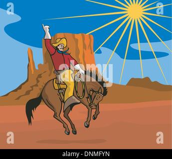 Illustrazione di rodeo cowboy con guanti di equitazione fatto in stile retrò. Illustrazione Vettoriale