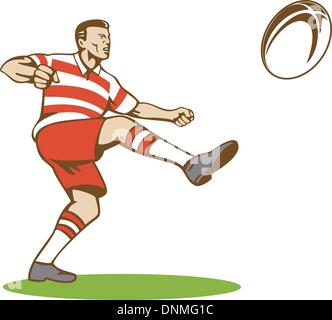 Illustrazione di un giocatore di rugby calci palla vista frontale con sunburst in background fatto in stile retrò Illustrazione Vettoriale