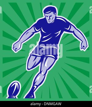 Illustrazione di un giocatore di rugby calci palla vista frontale con sunburst in background fatto in stile retrò Illustrazione Vettoriale
