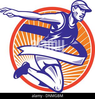 Illustrazione di un atleta maschio maratoneta in esecuzione con traguardo nastro insieme all'interno del cerchio fatto in stile retrò. Illustrazione Vettoriale