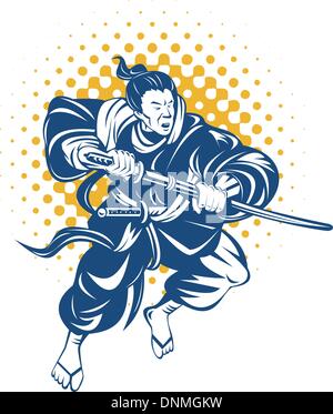 Illustrazione di un giapponese di samurai warrior combattimenti con spada katana su sfondo isolato Illustrazione Vettoriale