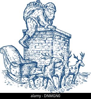 Illustrazione di Babbo Natale Babbo Natale che si arrampica sul camino con le renne su sfondo isolato eseguita in bianco e nero Illustrazione Vettoriale