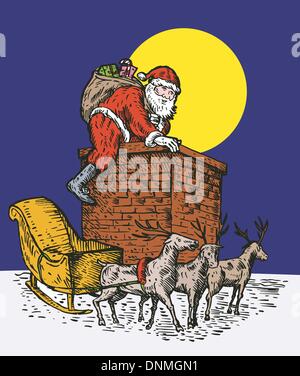 Illustrazione di Babbo Natale Babbo Natale che si arrampica sul camino con luna in background e le renne su sfondo isolato fatto in stile retrò. Illustrazione Vettoriale