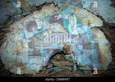 Griechenland, Insel Tilos, Bucht von Livadia, Fresken in der byzantinischen Kapelle Agios Nikolaos Foto Stock