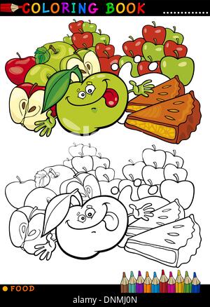 Libro da colorare o pagina Cartoon illustrazione di divertenti personaggi alimentare le Mele e Torta torte per Bambini Educazione Illustrazione Vettoriale